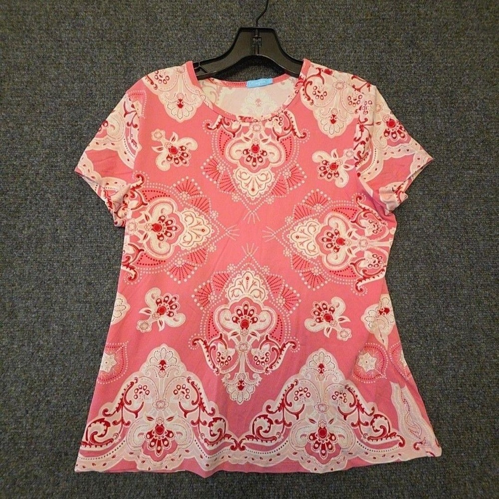 J. McLaughlin Shirt Womens L Pink Paisley Short Sleeve Jersey Stretch Top